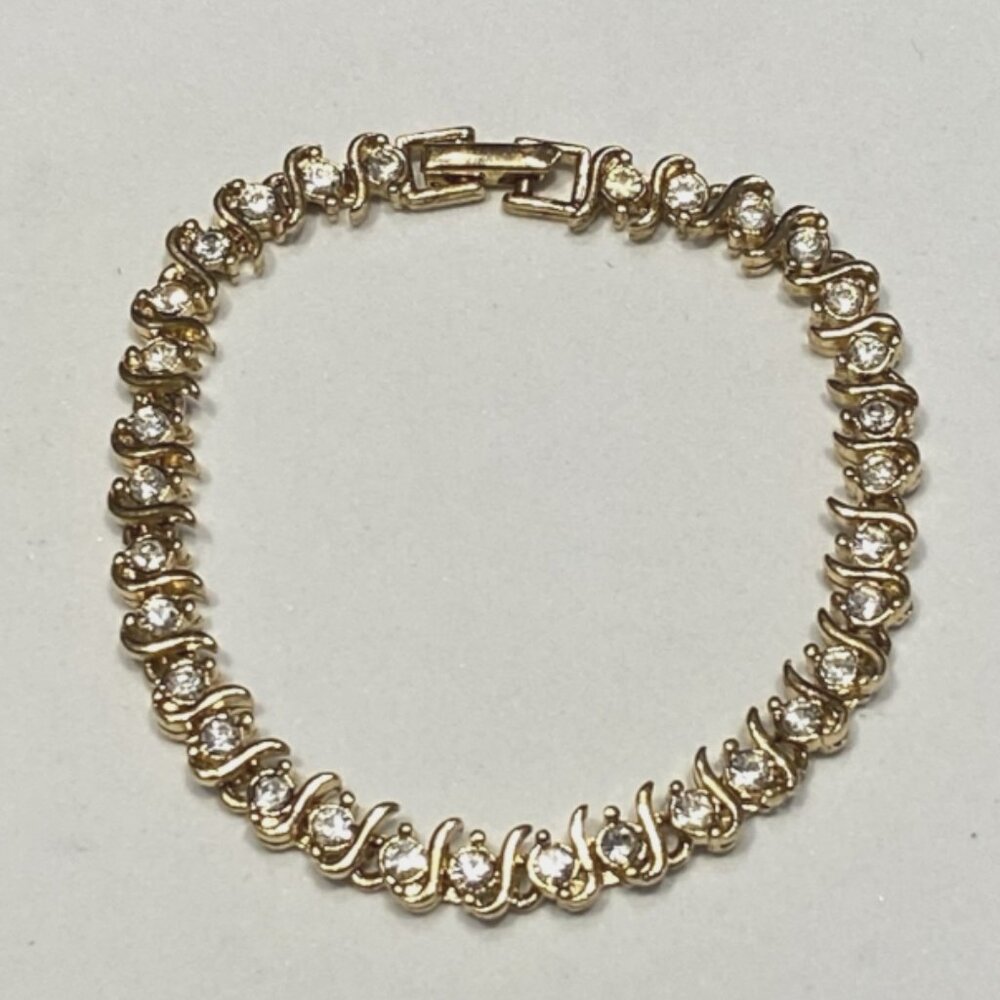 Vintage Gold Tone Rhinestone Tennis Bracelet Elegant Signed 7.25"